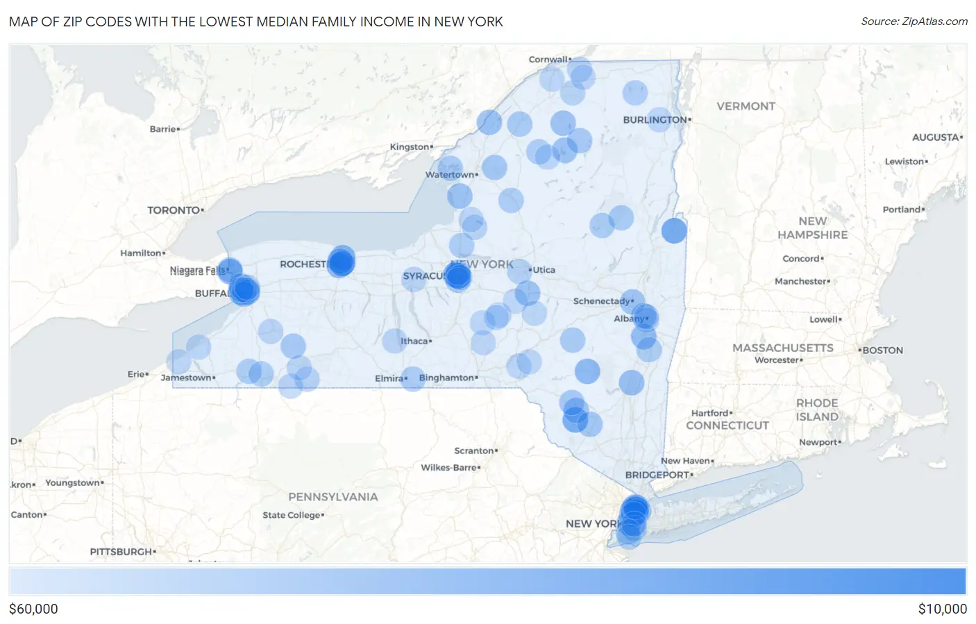 Zip Codes with the Lowest Median Family Income in New York Map