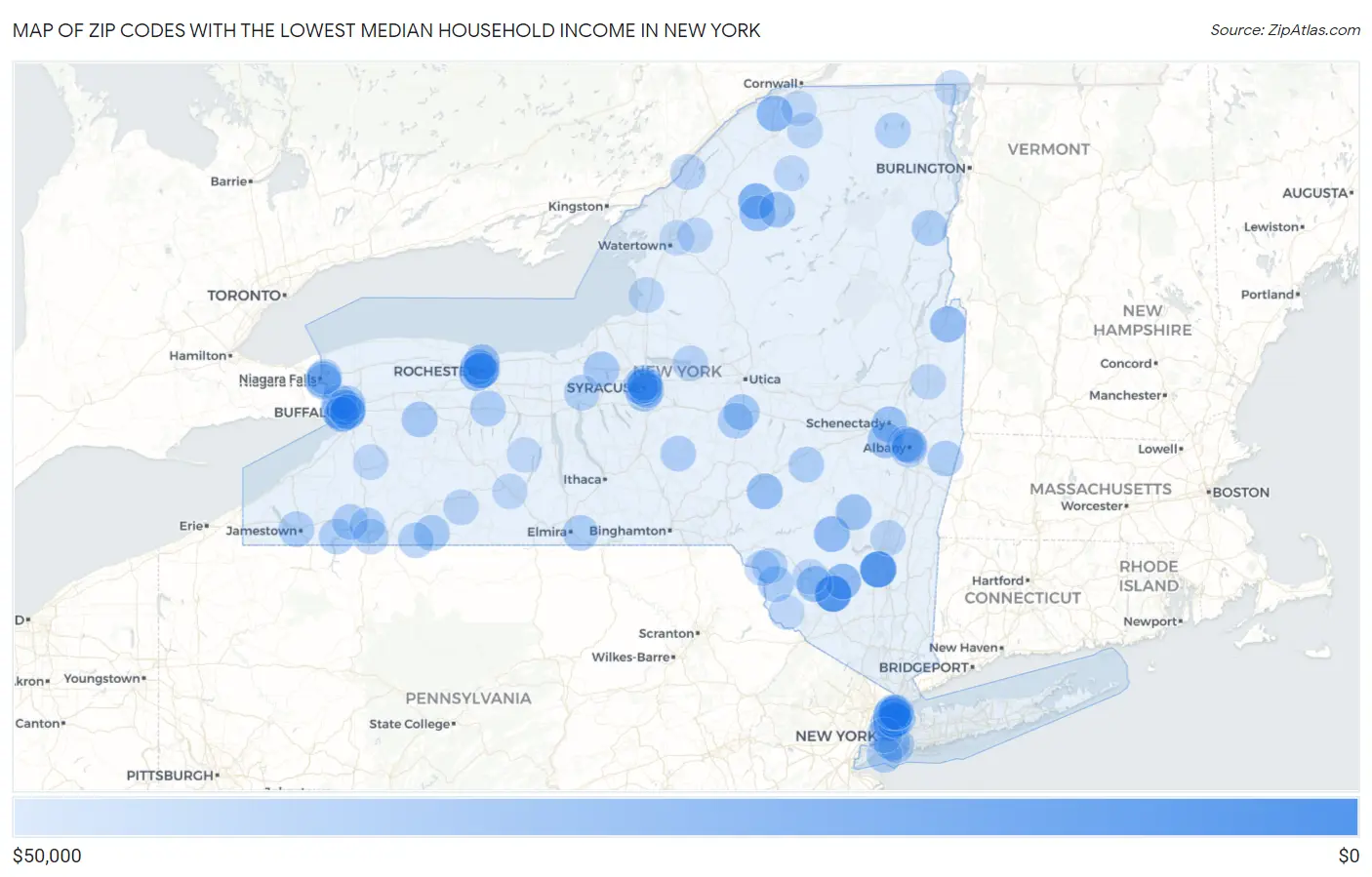 Zip Codes with the Lowest Median Household Income in New York Map