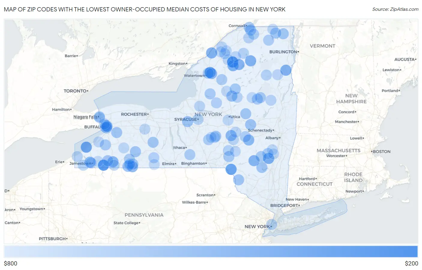 Zip Codes with the Lowest Owner-Occupied Median Costs of Housing in New York Map
