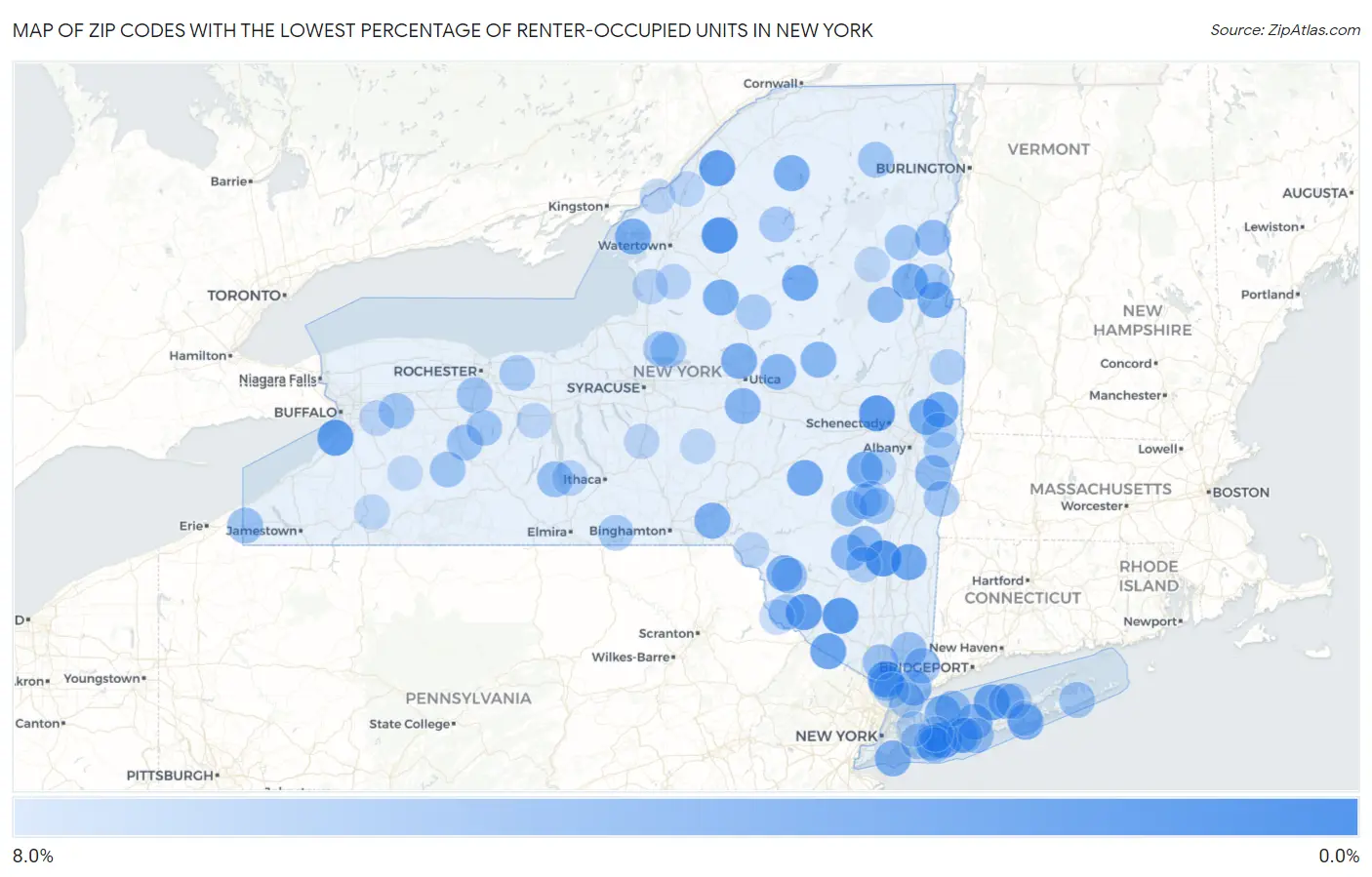 Zip Codes with the Lowest Percentage of Renter-Occupied Units in New York Map
