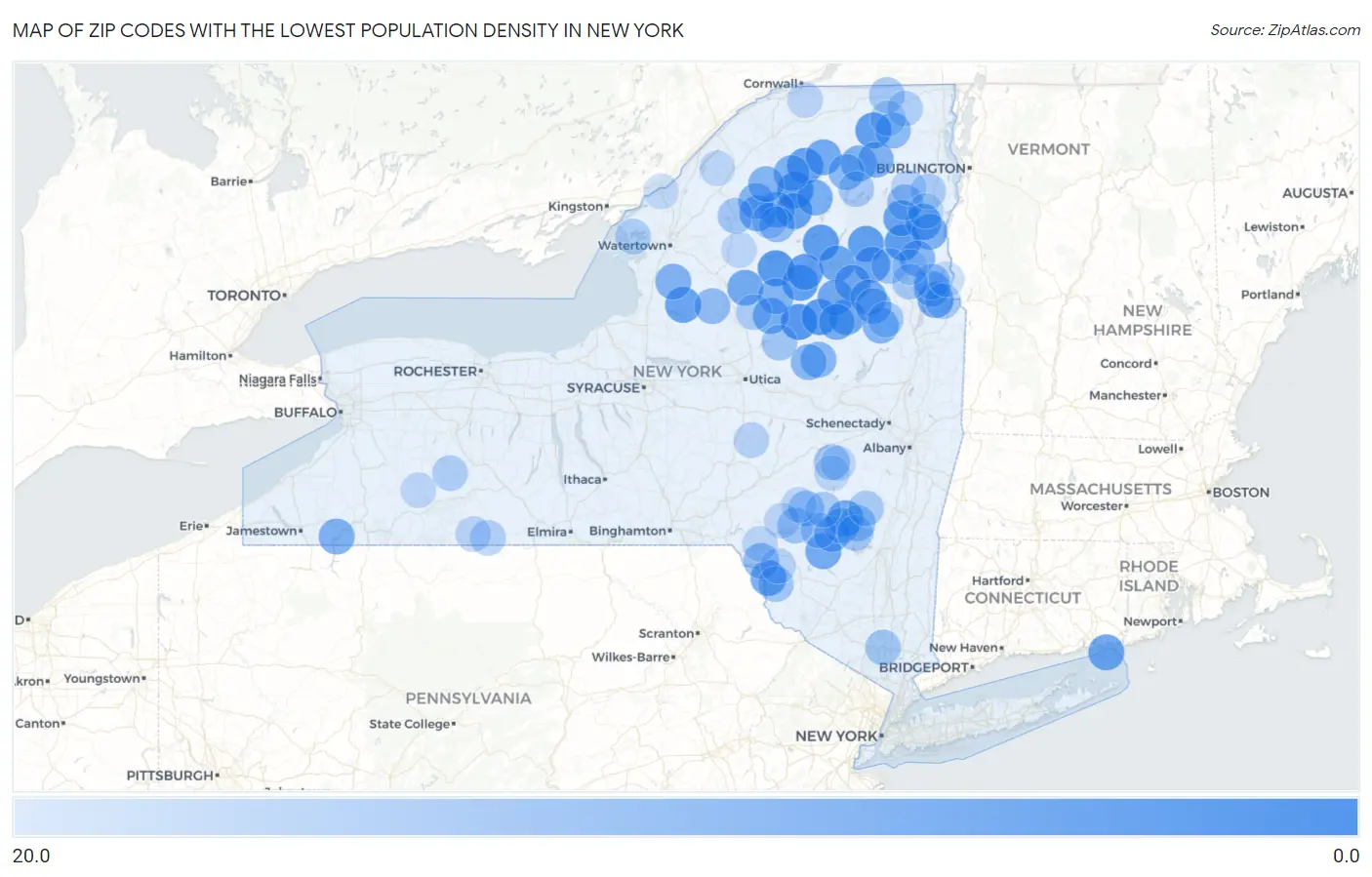 Zip Codes with the Lowest Population Density in New York Map