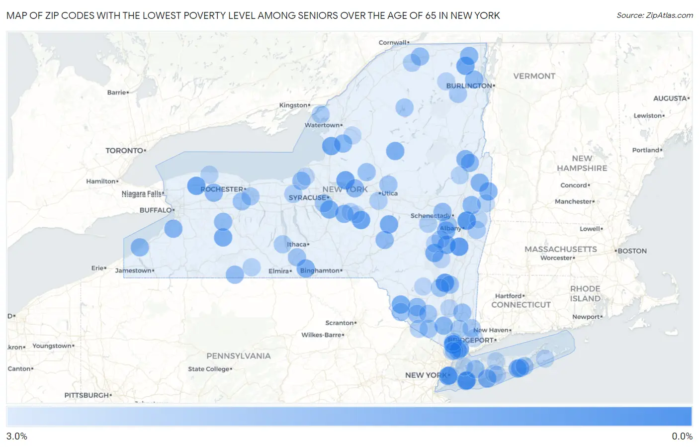 Zip Codes with the Lowest Poverty Level Among Seniors Over the Age of 65 in New York Map