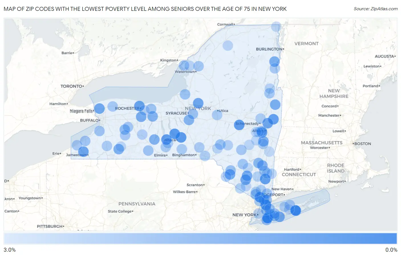 Zip Codes with the Lowest Poverty Level Among Seniors Over the Age of 75 in New York Map