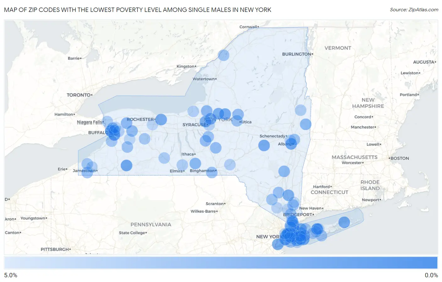 Zip Codes with the Lowest Poverty Level Among Single Males in New York Map