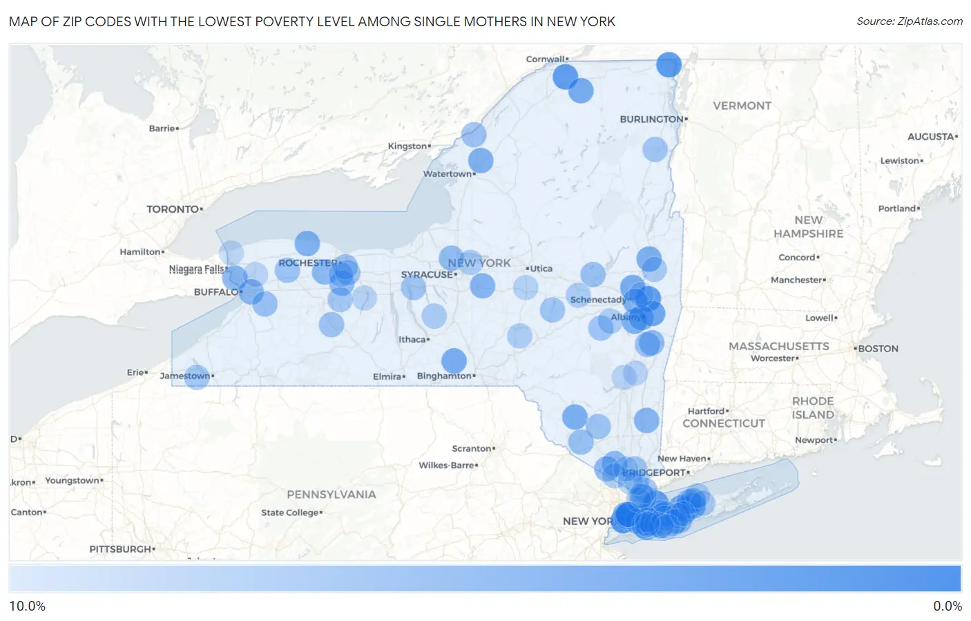 Zip Codes with the Lowest Poverty Level Among Single Mothers in New York Map
