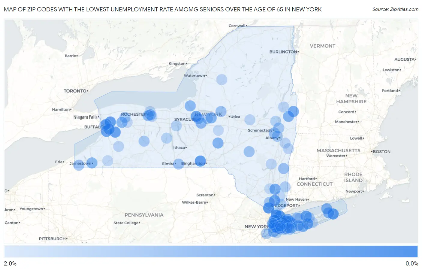 Zip Codes with the Lowest Unemployment Rate Amomg Seniors Over the Age of 65 in New York Map