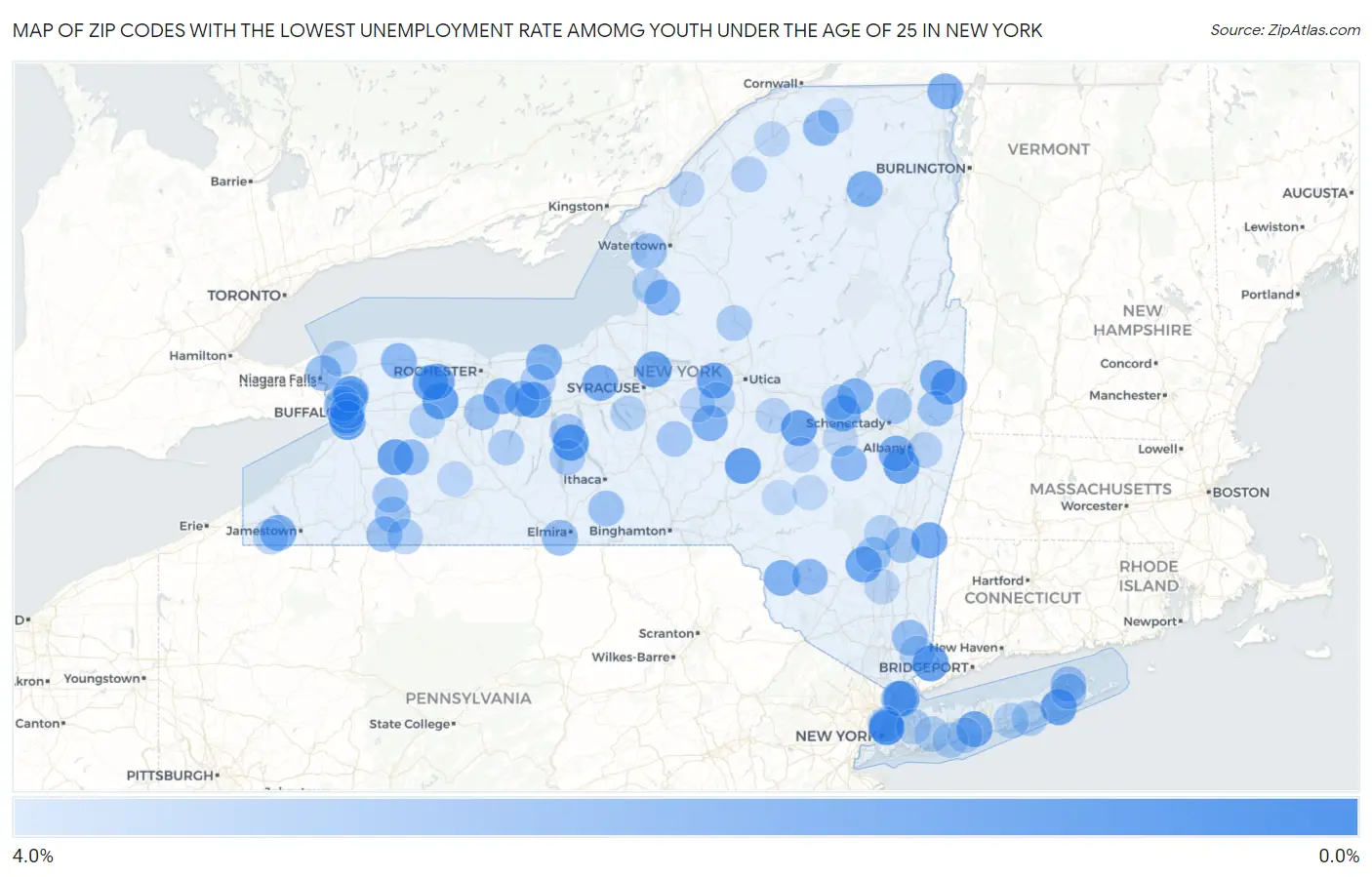 Zip Codes with the Lowest Unemployment Rate Amomg Youth Under the Age of 25 in New York Map