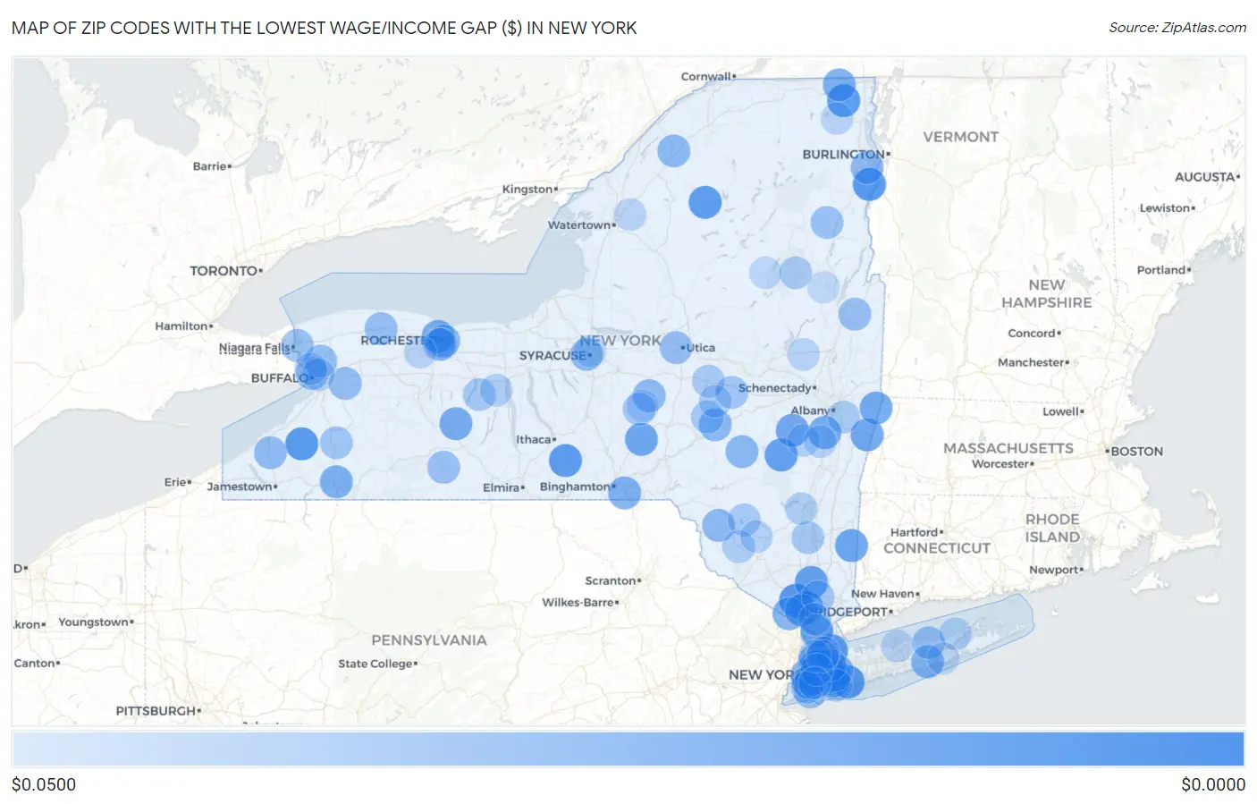 Zip Codes with the Lowest Wage/Income Gap ($) in New York Map