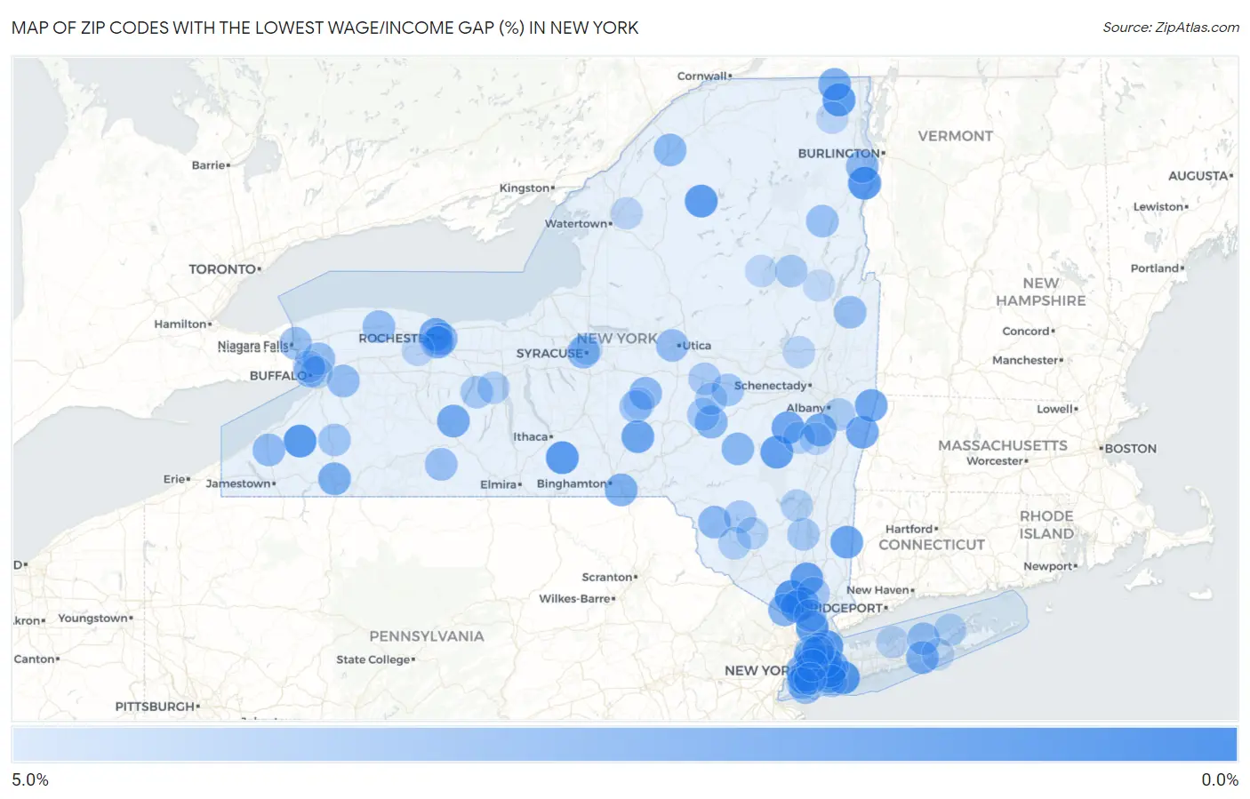 Zip Codes with the Lowest Wage/Income Gap (%) in New York Map