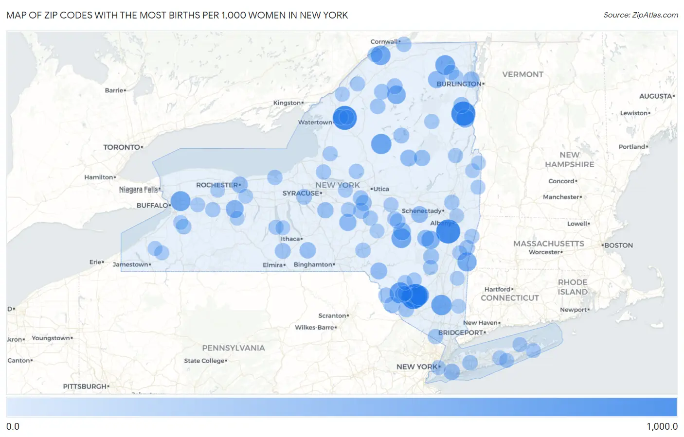 Zip Codes with the Most Births per 1,000 Women in New York Map