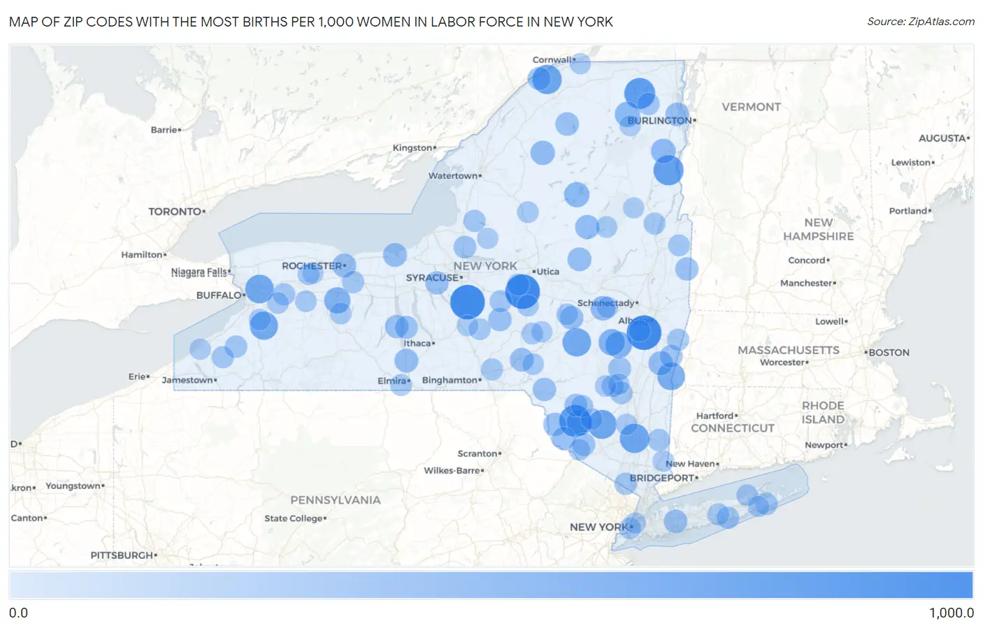 Zip Codes with the Most Births per 1,000 Women in Labor Force in New York Map