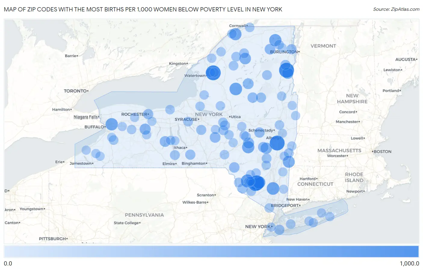 Zip Codes with the Most Births per 1,000 Women Below Poverty Level in New York Map