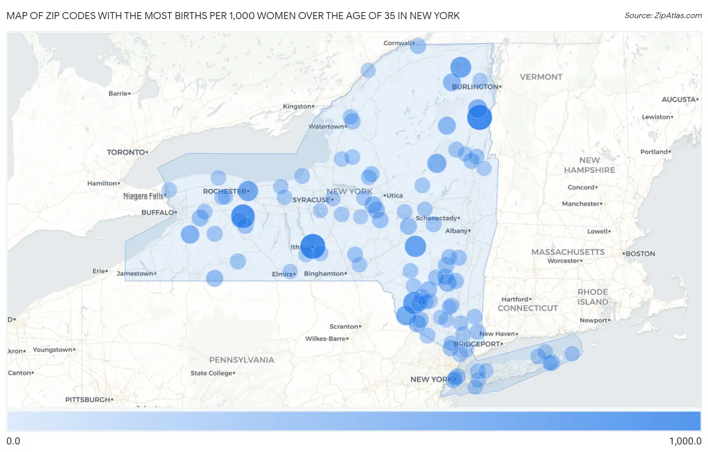 Zip Codes with the Most Births per 1,000 Women Over the Age of 35 in New York Map