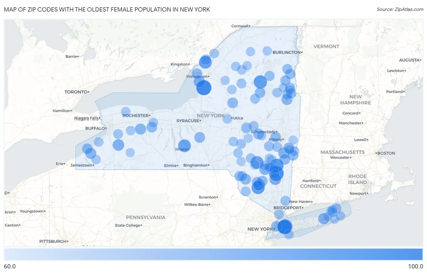 Zip Codes with the Oldest Female Population in New York Map