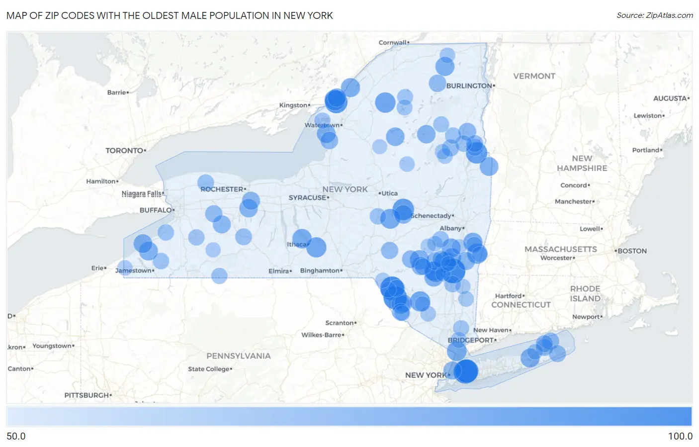 Zip Codes with the Oldest Male Population in New York Map