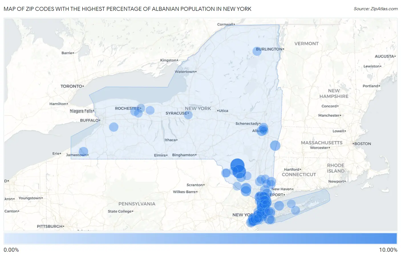 Zip Codes with the Highest Percentage of Albanian Population in New York Map