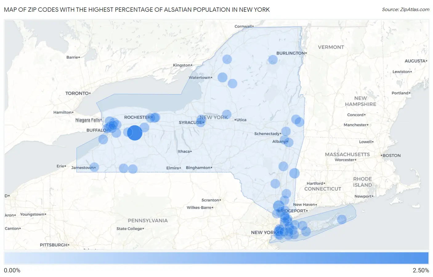 Zip Codes with the Highest Percentage of Alsatian Population in New York Map