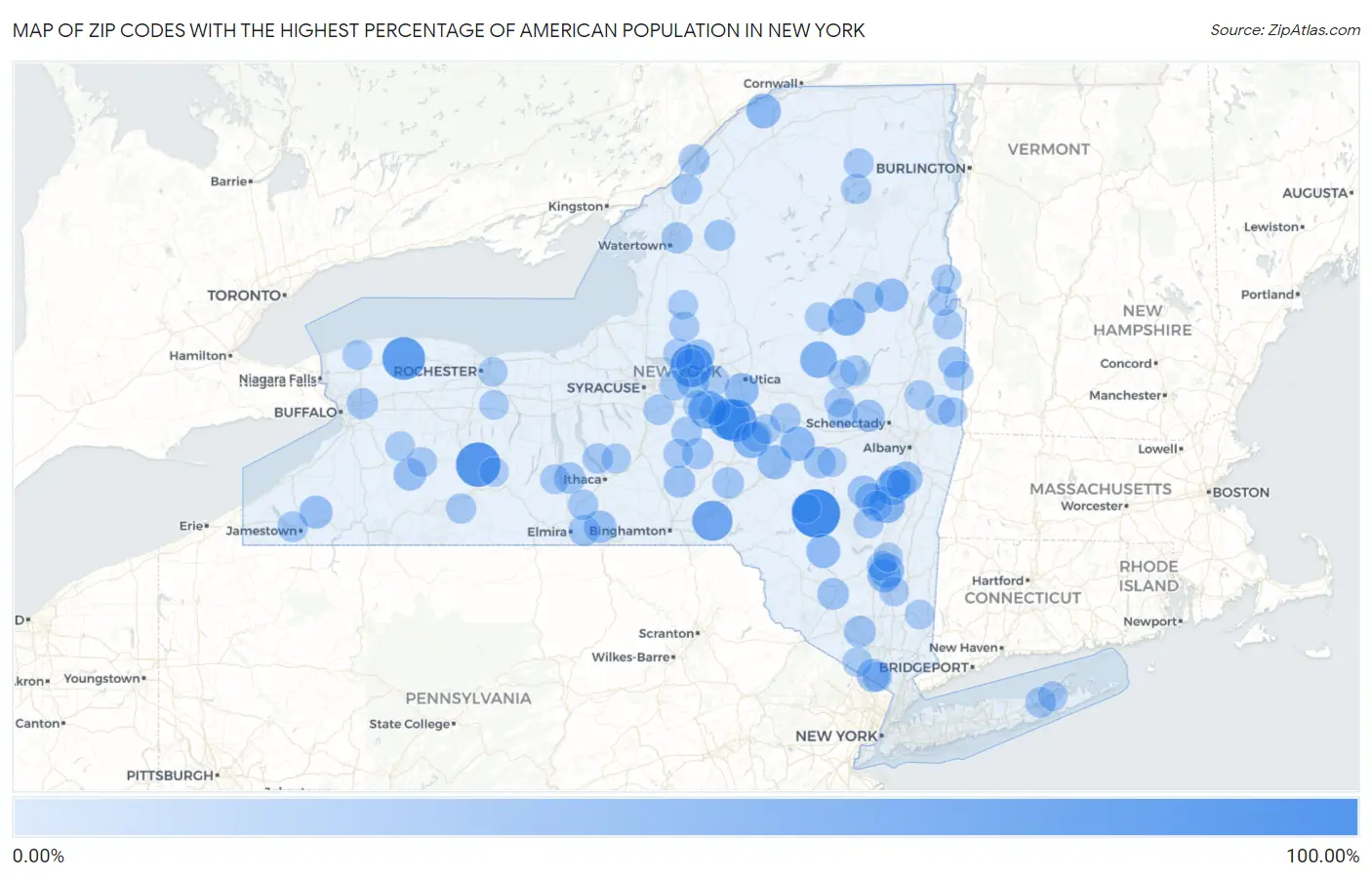 Zip Codes with the Highest Percentage of American Population in New York Map