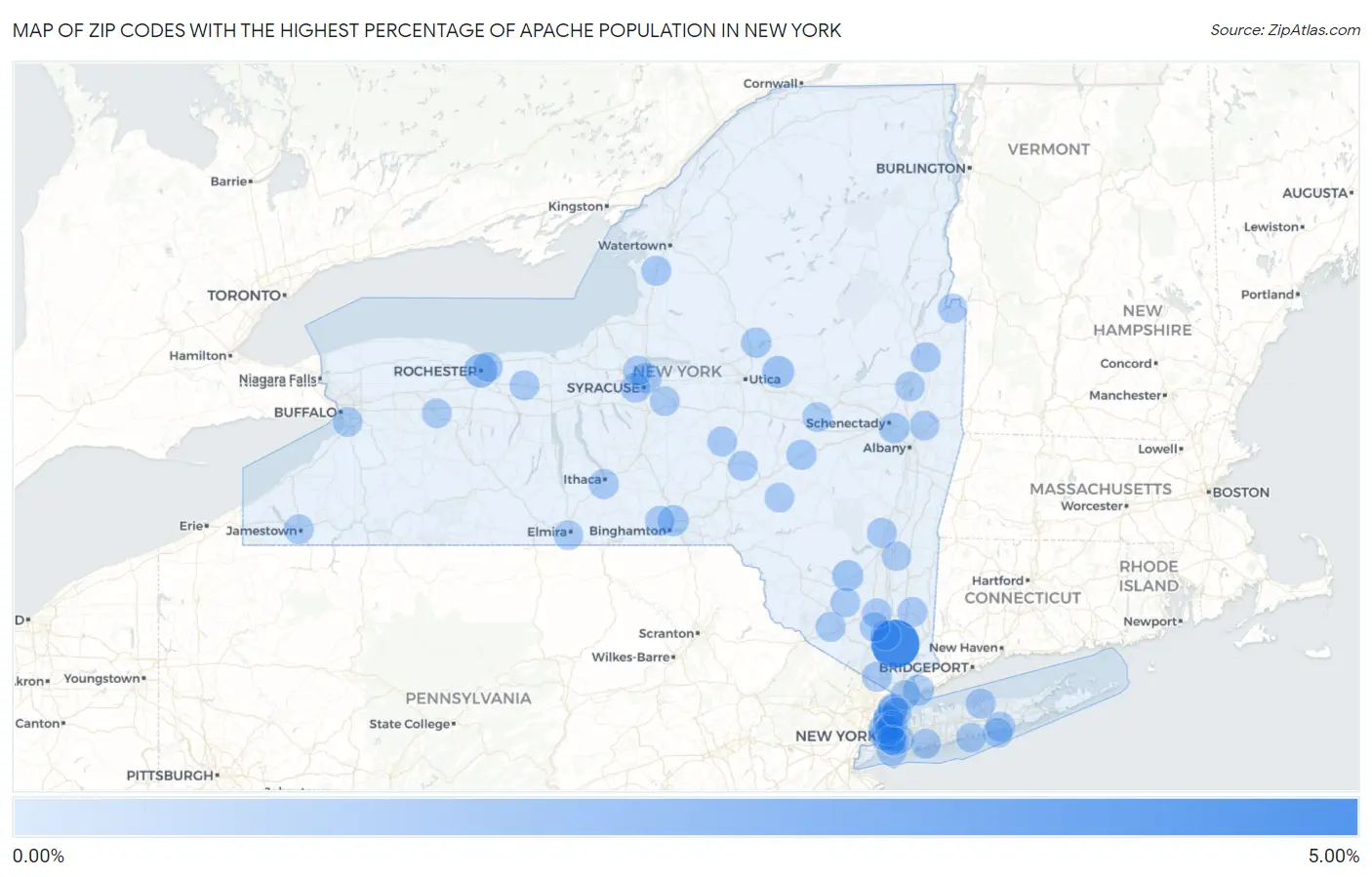 Zip Codes with the Highest Percentage of Apache Population in New York Map