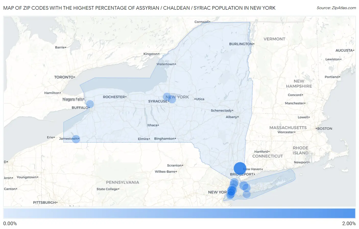 Zip Codes with the Highest Percentage of Assyrian / Chaldean / Syriac Population in New York Map