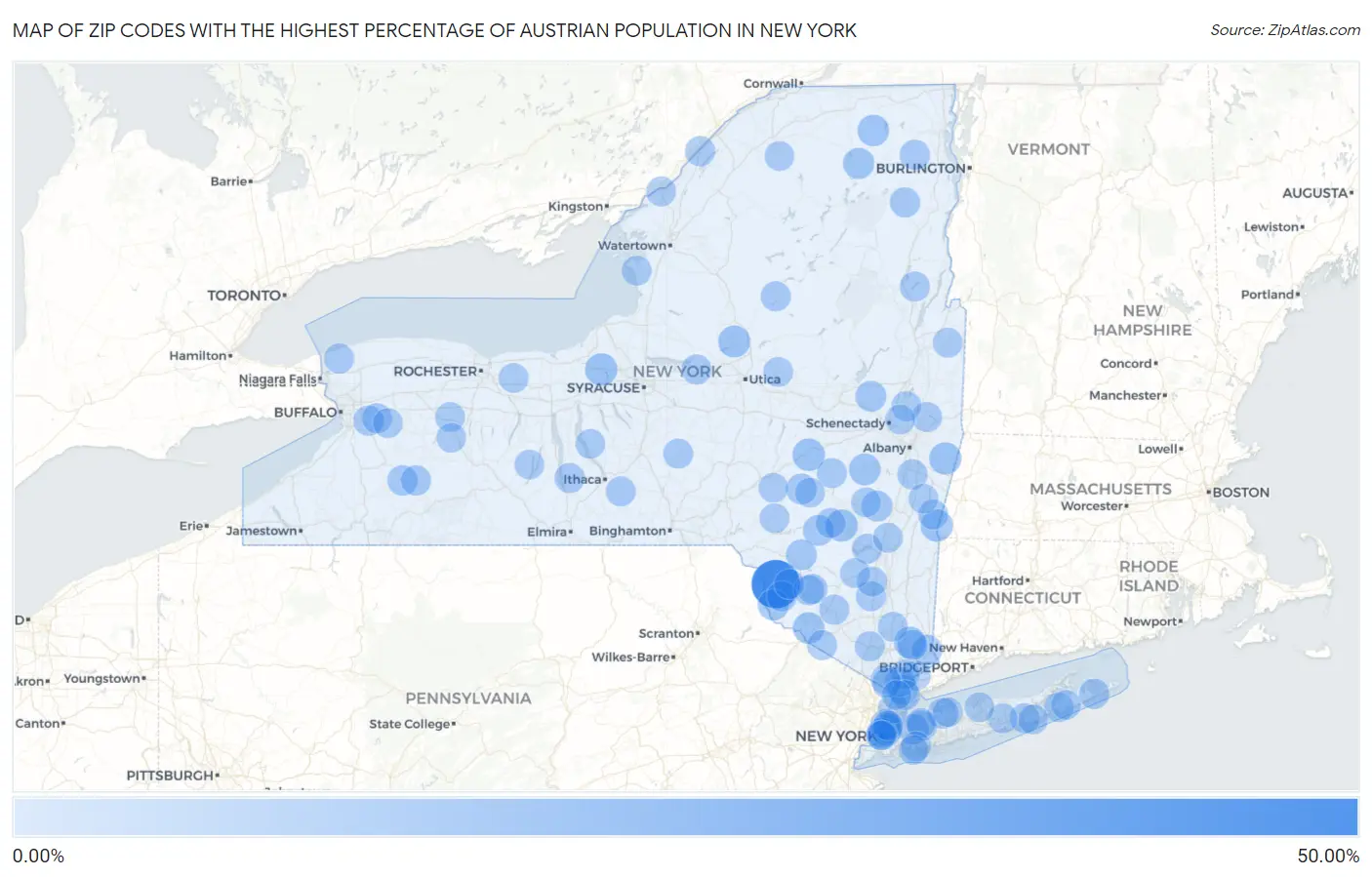 Zip Codes with the Highest Percentage of Austrian Population in New York Map