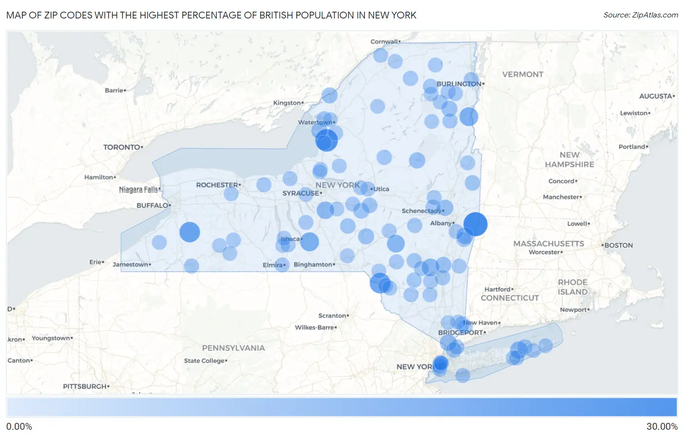 Zip Codes with the Highest Percentage of British Population in New York Map