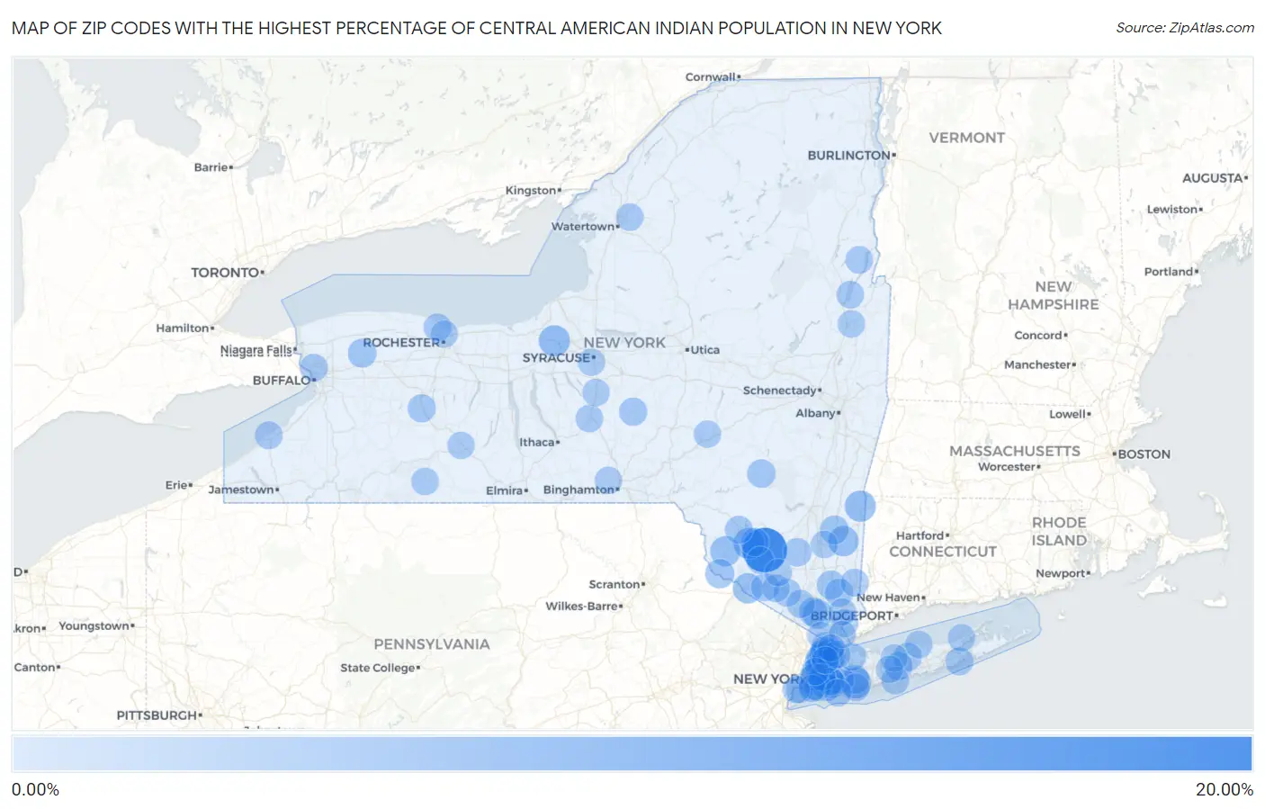 Zip Codes with the Highest Percentage of Central American Indian Population in New York Map