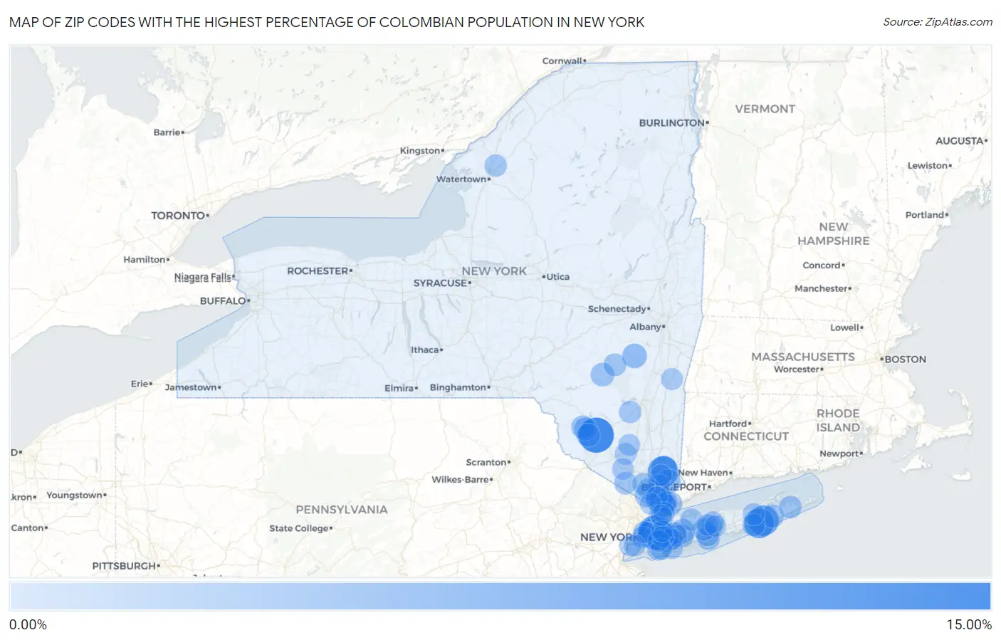 Zip Codes with the Highest Percentage of Colombian Population in New York Map