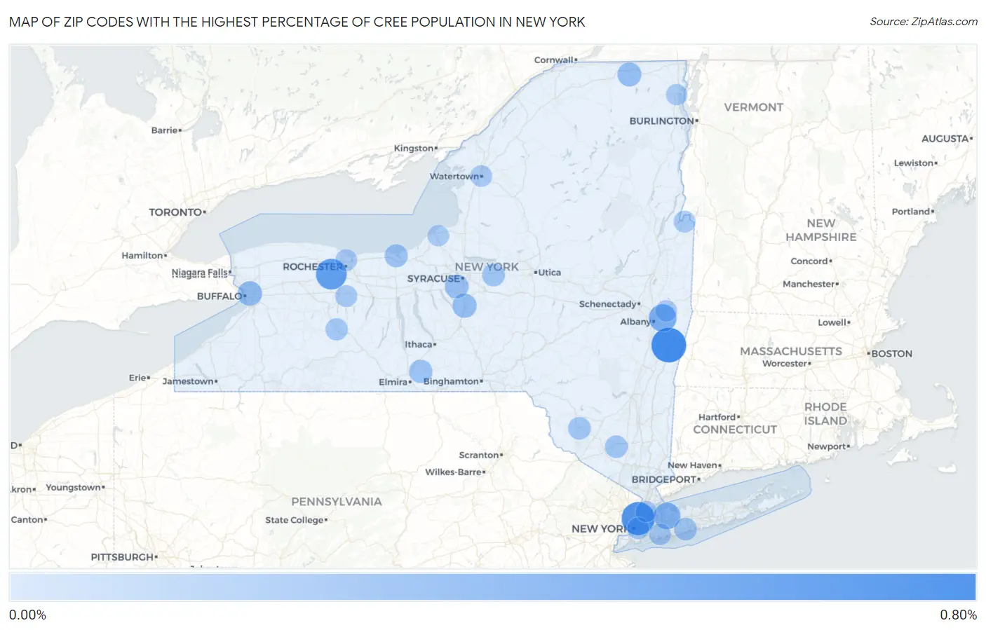 Zip Codes with the Highest Percentage of Cree Population in New York Map