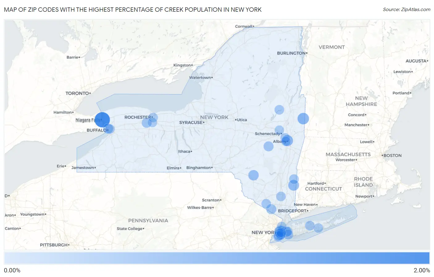 Zip Codes with the Highest Percentage of Creek Population in New York Map