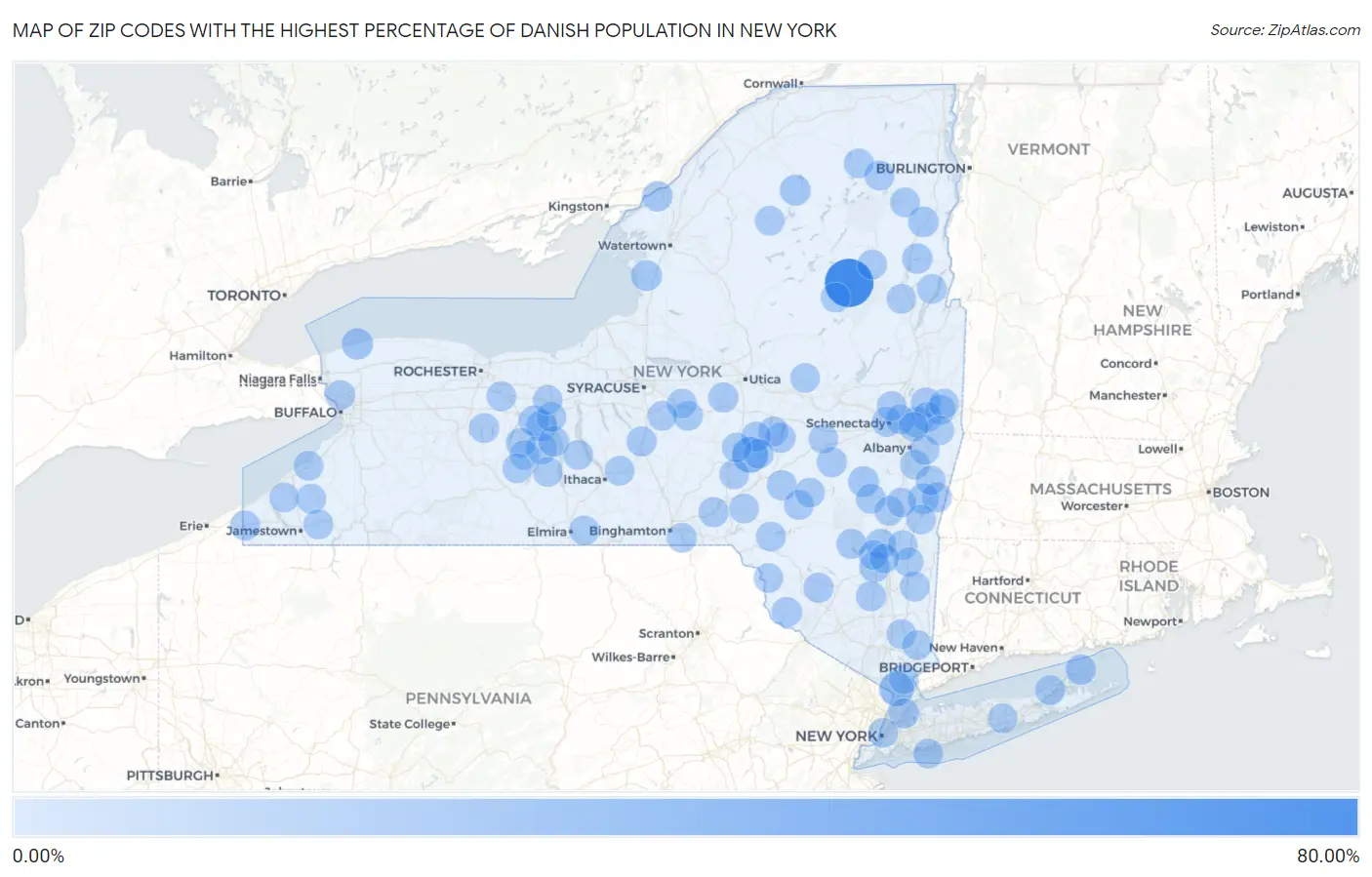 Zip Codes with the Highest Percentage of Danish Population in New York Map