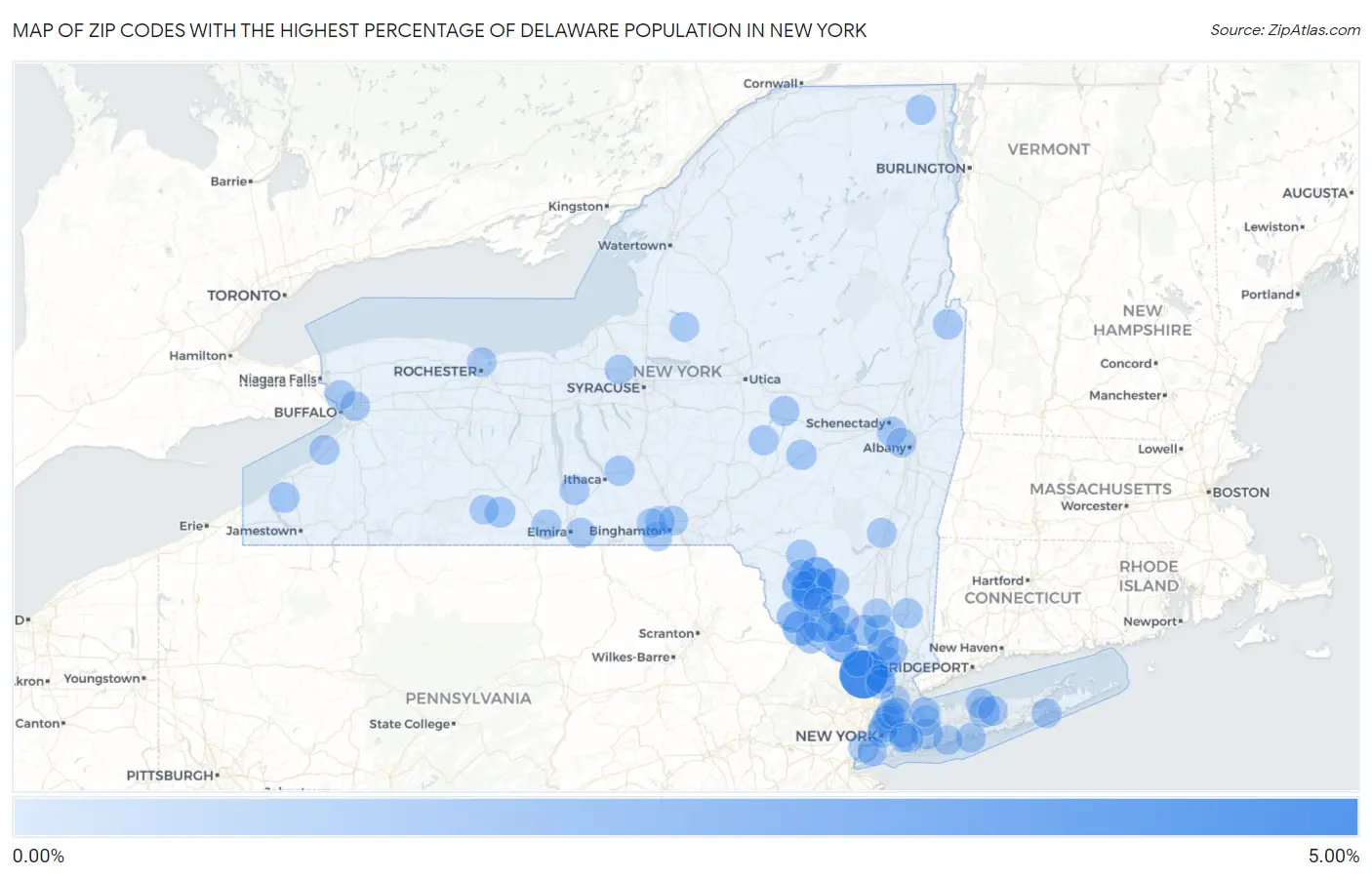 Zip Codes with the Highest Percentage of Delaware Population in New York Map