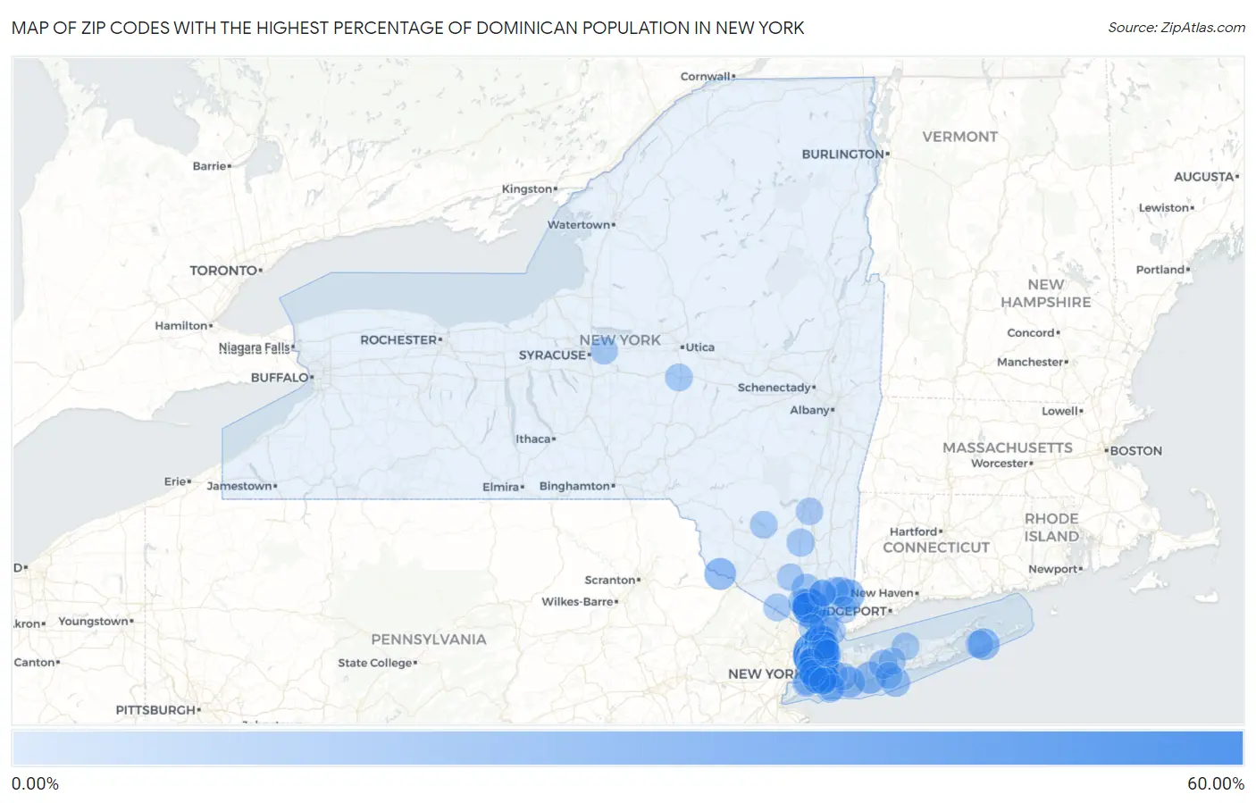 Zip Codes with the Highest Percentage of Dominican Population in New York Map