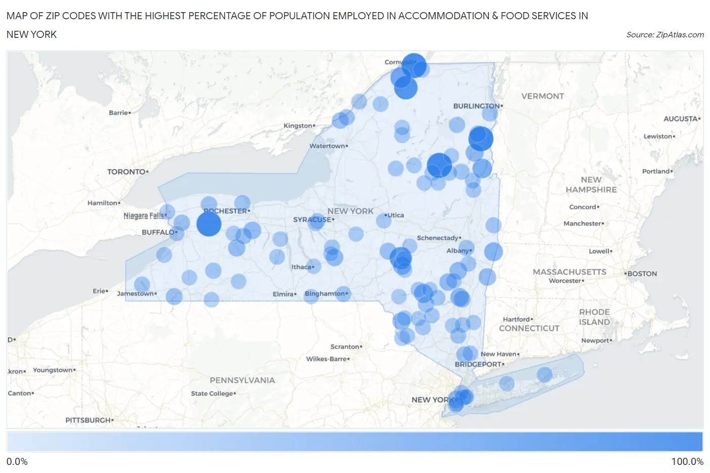 Zip Codes with the Highest Percentage of Population Employed in Accommodation & Food Services in New York Map
