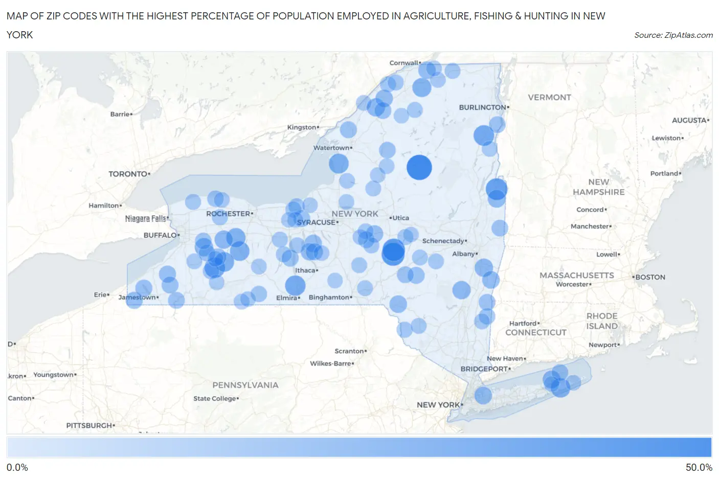 Zip Codes with the Highest Percentage of Population Employed in Agriculture, Fishing & Hunting in New York Map