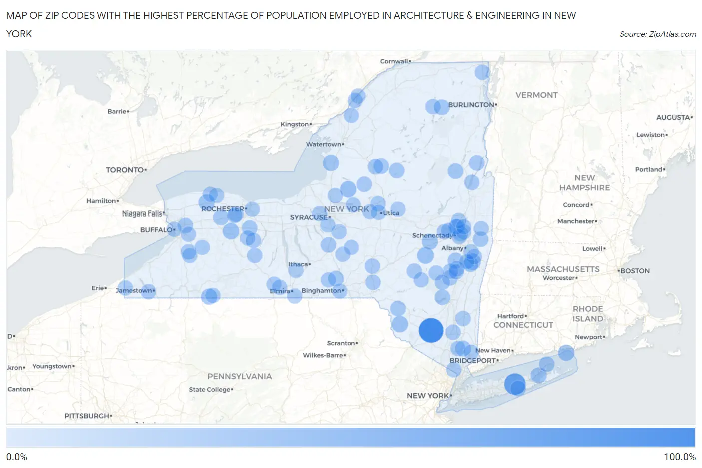 Zip Codes with the Highest Percentage of Population Employed in Architecture & Engineering in New York Map
