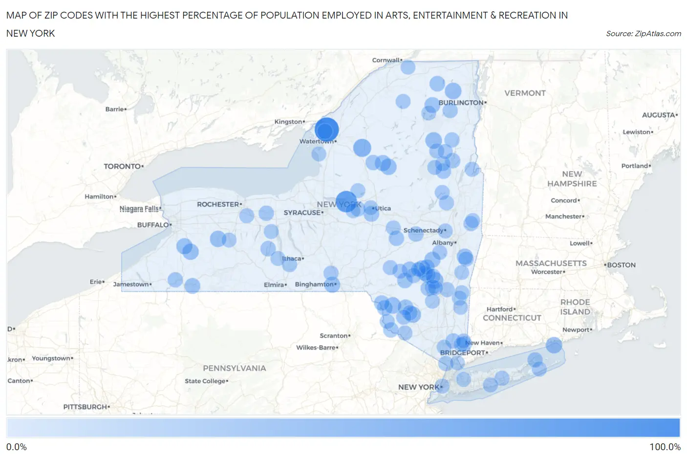 Zip Codes with the Highest Percentage of Population Employed in Arts, Entertainment & Recreation in New York Map