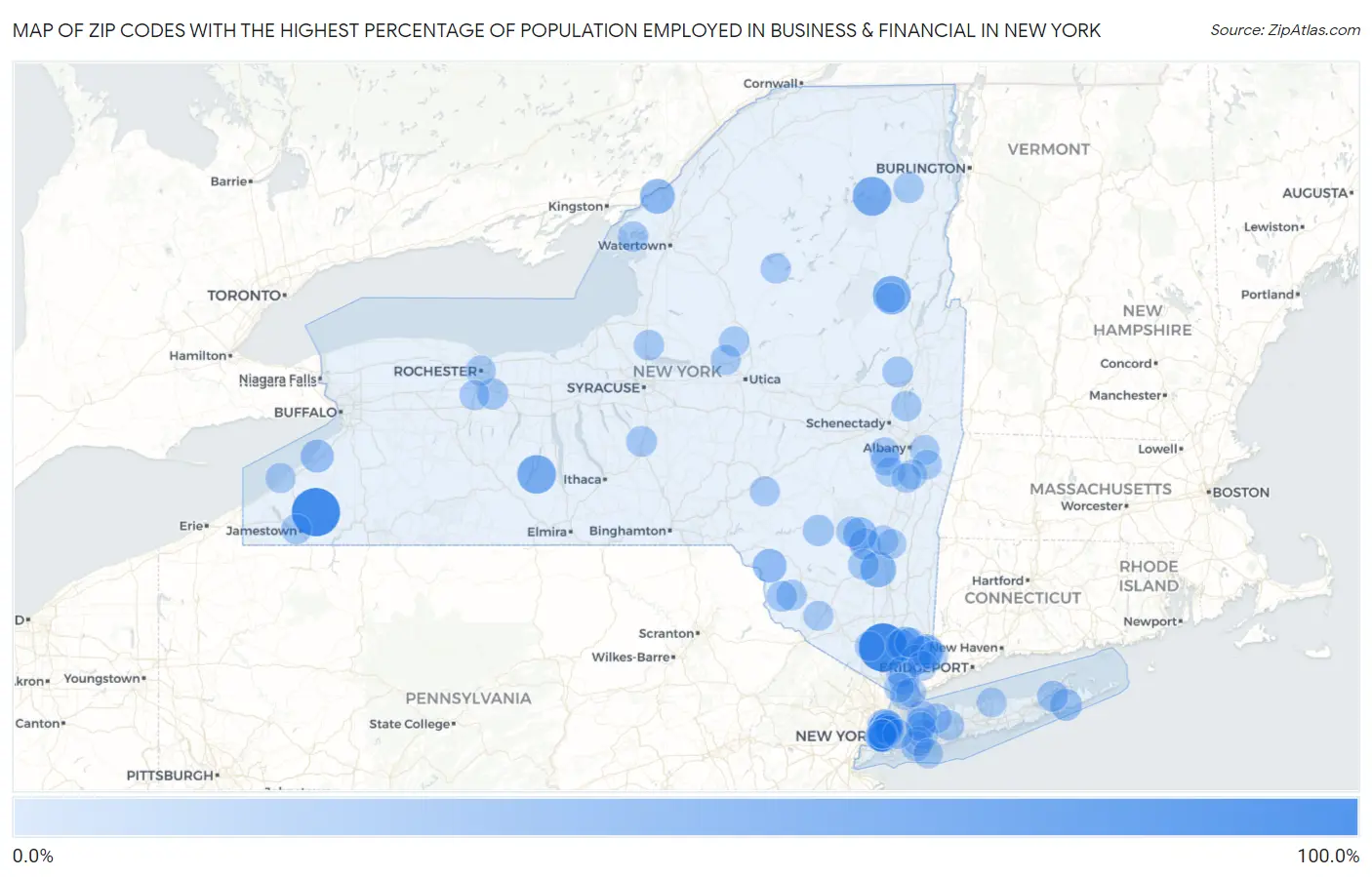 Zip Codes with the Highest Percentage of Population Employed in Business & Financial in New York Map