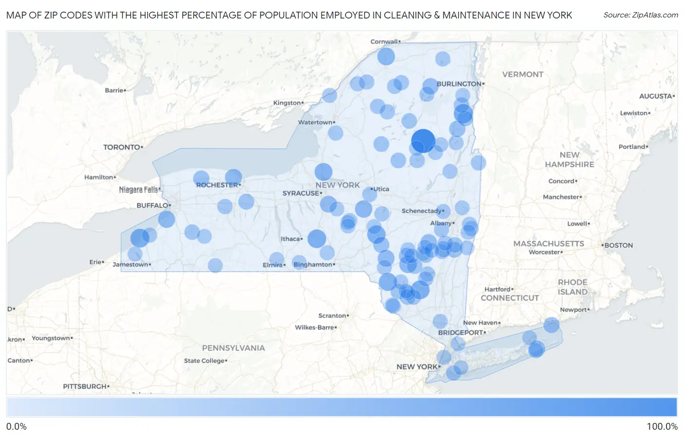 Zip Codes with the Highest Percentage of Population Employed in Cleaning & Maintenance in New York Map
