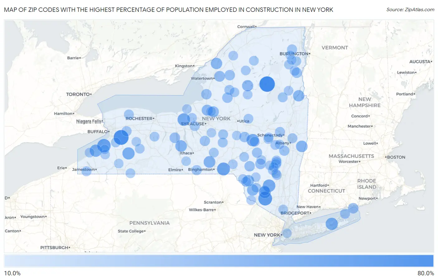 Zip Codes with the Highest Percentage of Population Employed in Construction in New York Map