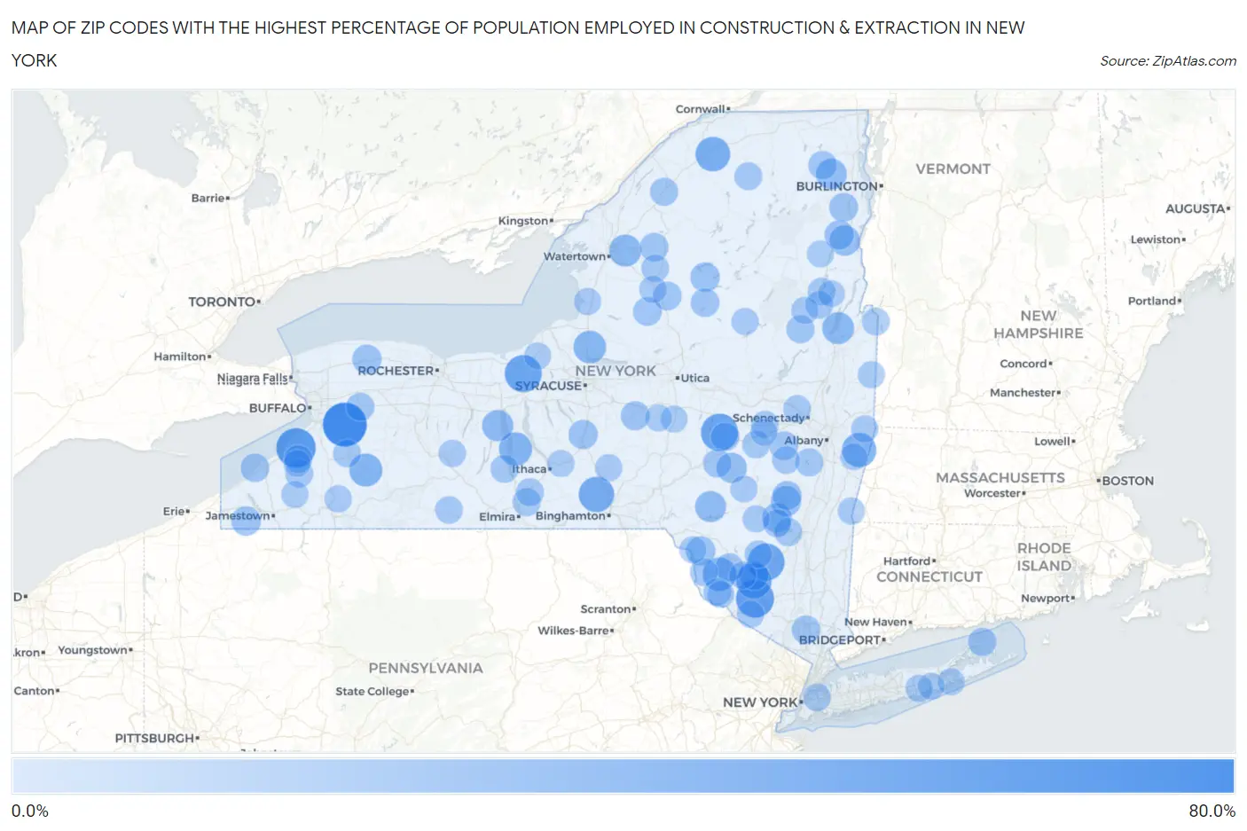 Zip Codes with the Highest Percentage of Population Employed in Construction & Extraction in New York Map