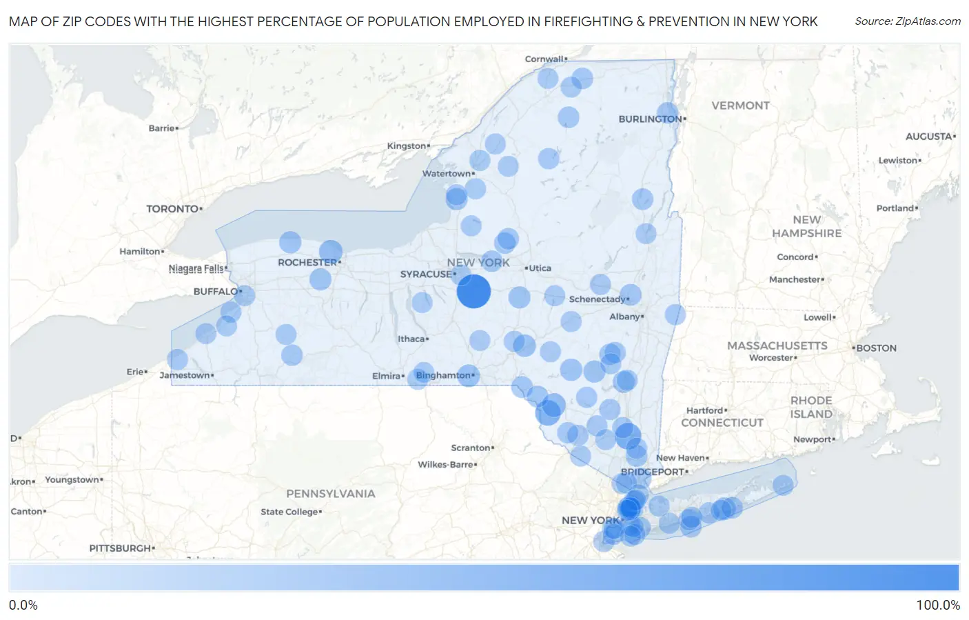Zip Codes with the Highest Percentage of Population Employed in Firefighting & Prevention in New York Map