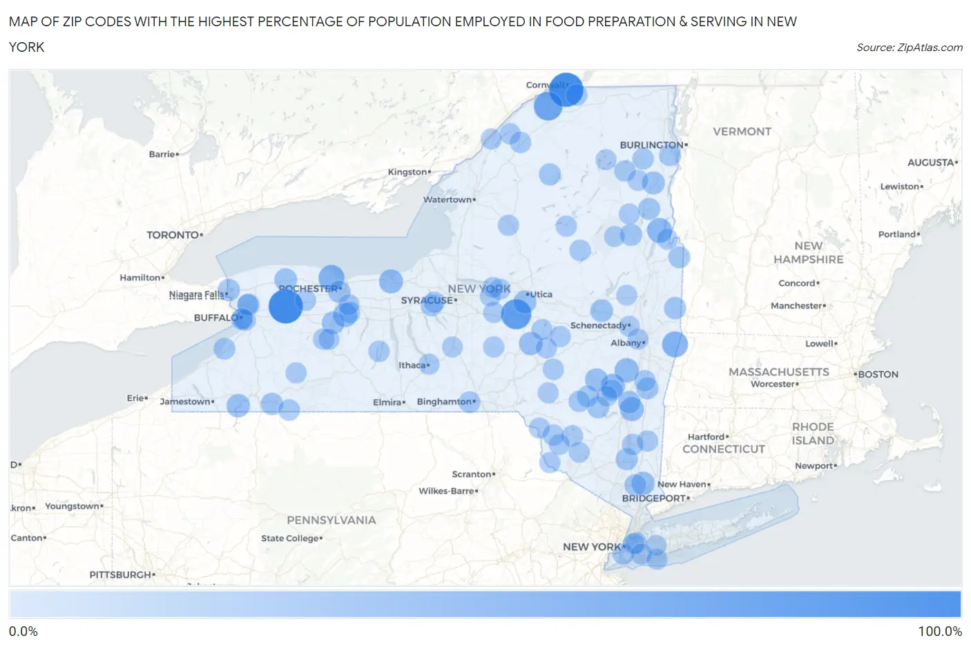 Zip Codes with the Highest Percentage of Population Employed in Food Preparation & Serving in New York Map