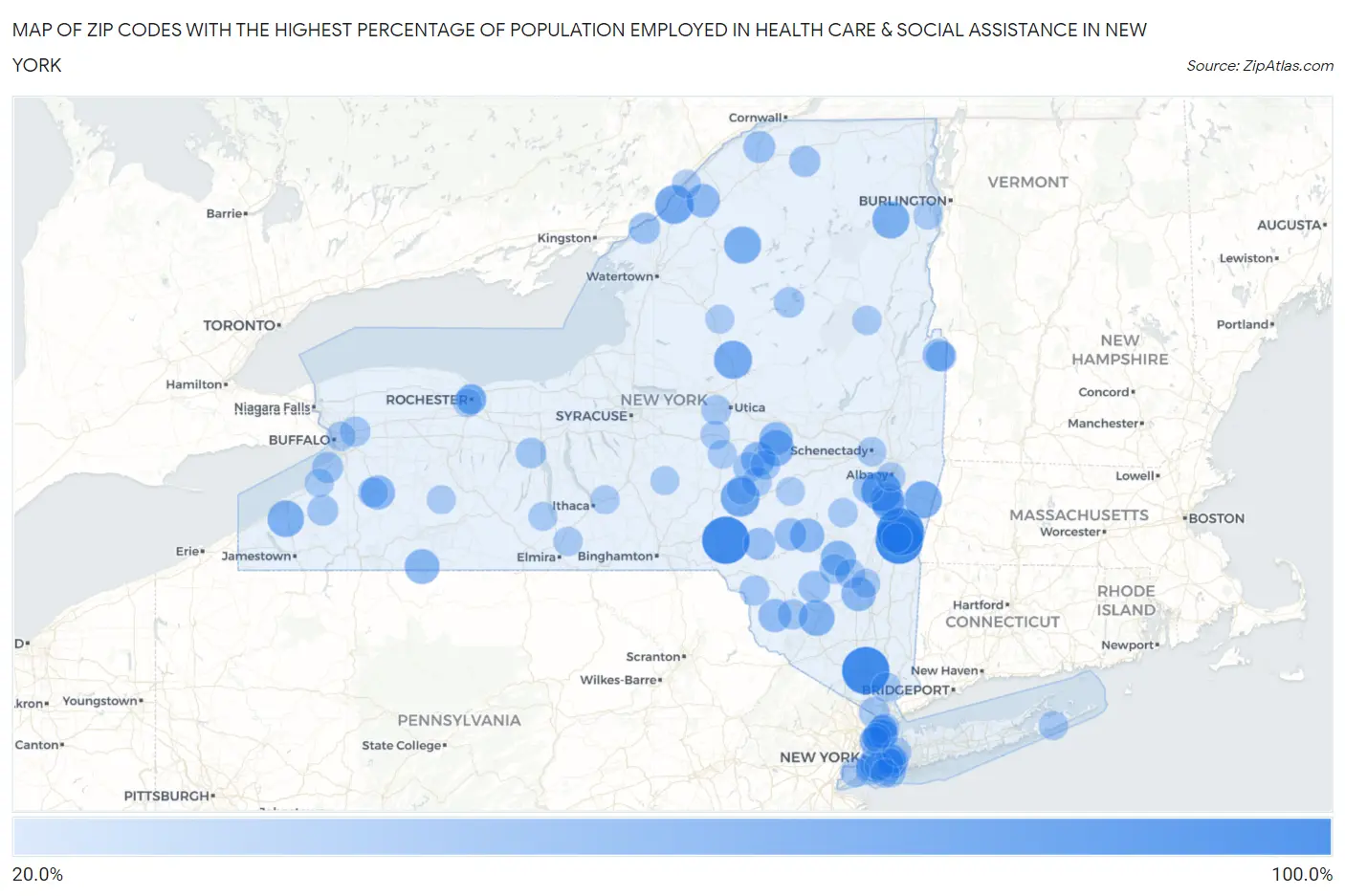 Zip Codes with the Highest Percentage of Population Employed in Health Care & Social Assistance in New York Map