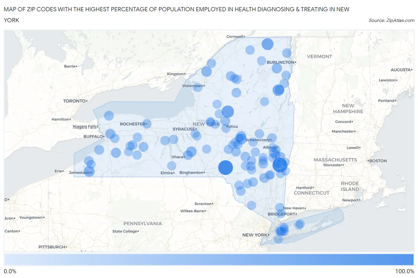 Zip Codes with the Highest Percentage of Population Employed in Health Diagnosing & Treating in New York Map
