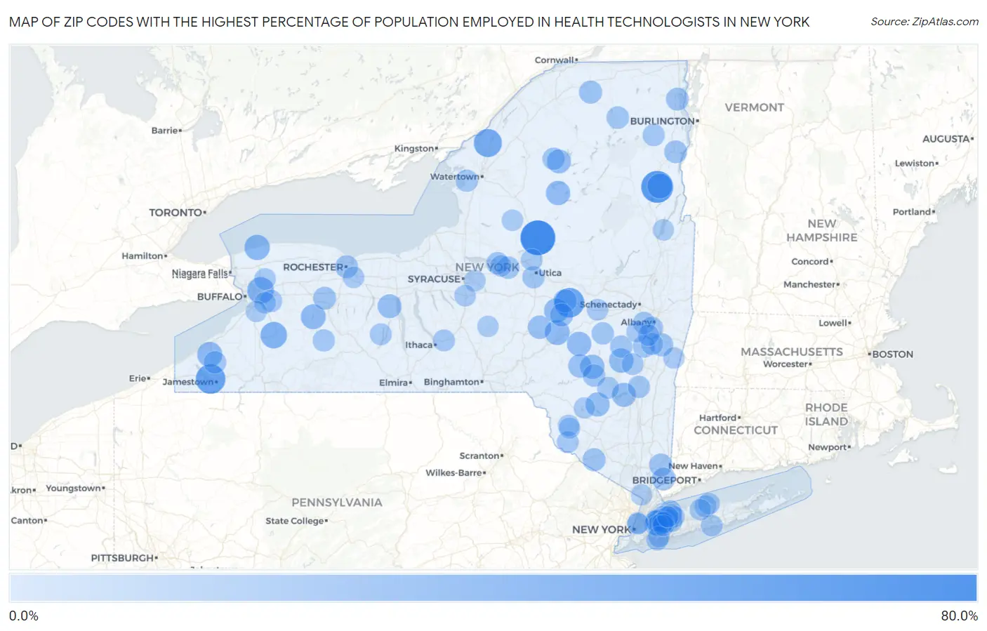 Zip Codes with the Highest Percentage of Population Employed in Health Technologists in New York Map