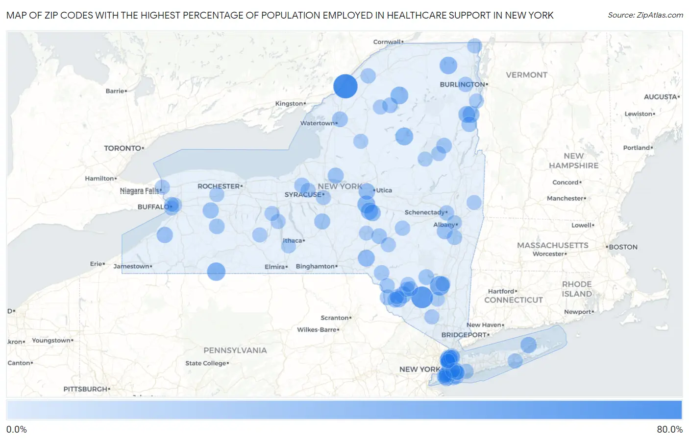 Zip Codes with the Highest Percentage of Population Employed in Healthcare Support in New York Map