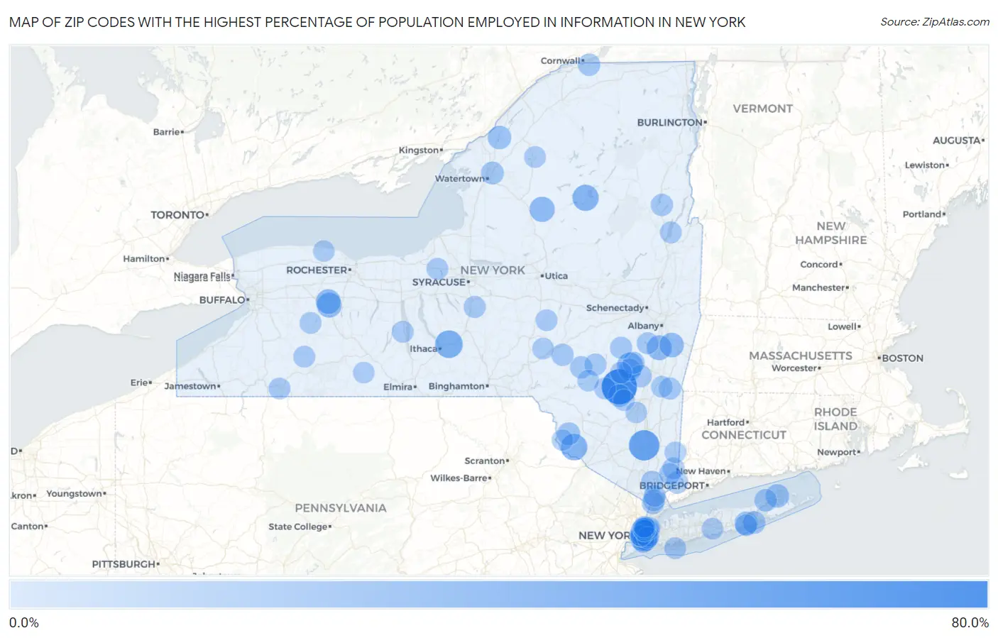 Zip Codes with the Highest Percentage of Population Employed in Information in New York Map