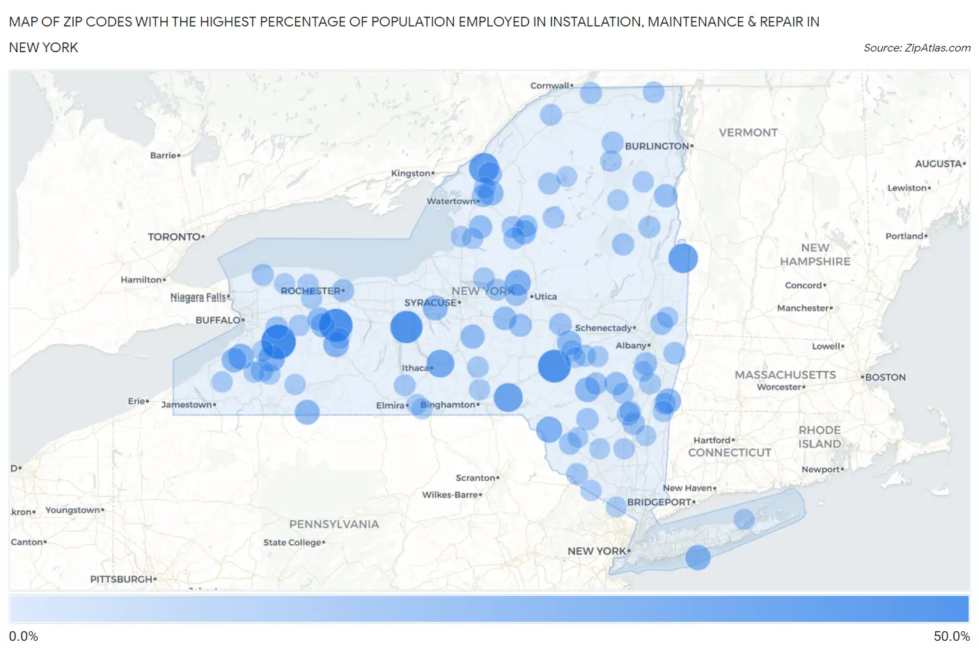 Zip Codes with the Highest Percentage of Population Employed in Installation, Maintenance & Repair in New York Map