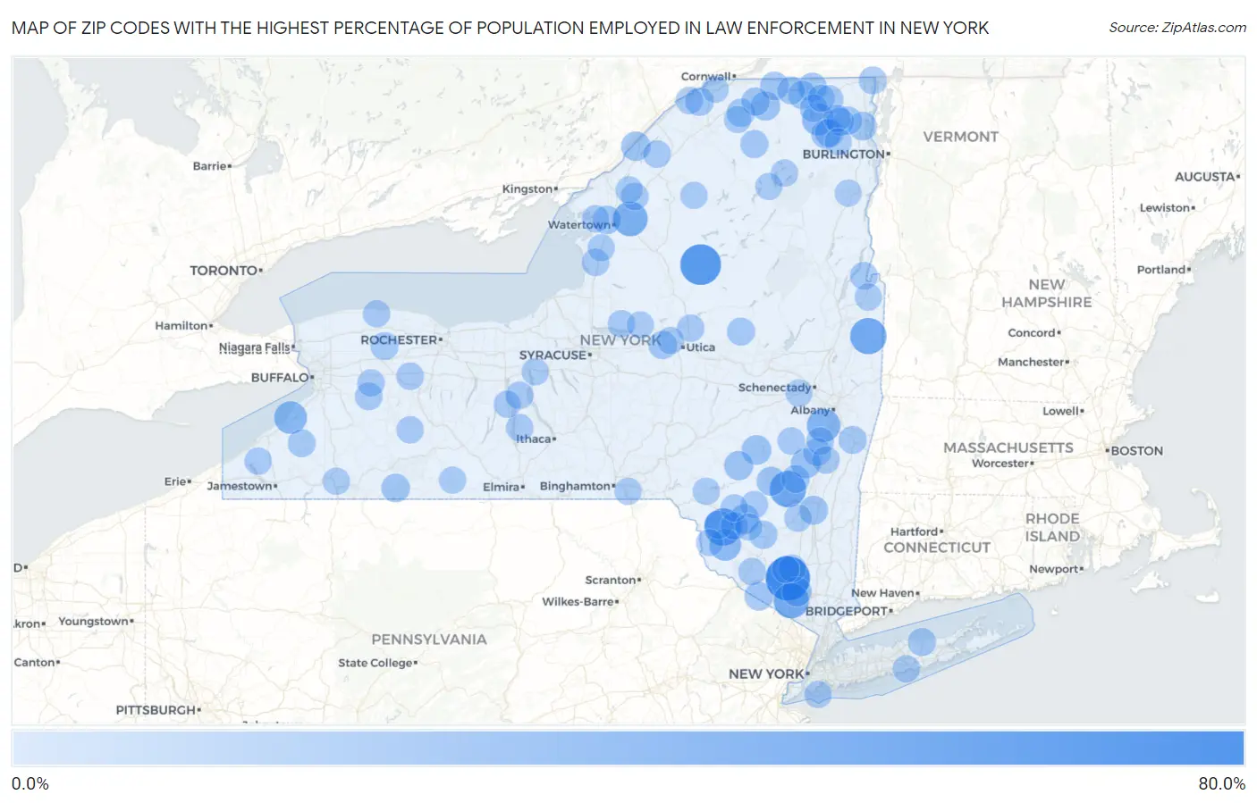 Zip Codes with the Highest Percentage of Population Employed in Law Enforcement in New York Map